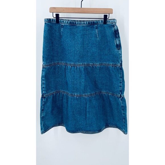 Loft Ann Taylor Tired Ruffled Midi Length Denim  Skirt Size 14P Ruffles Side Zip - Picture 1 of 9